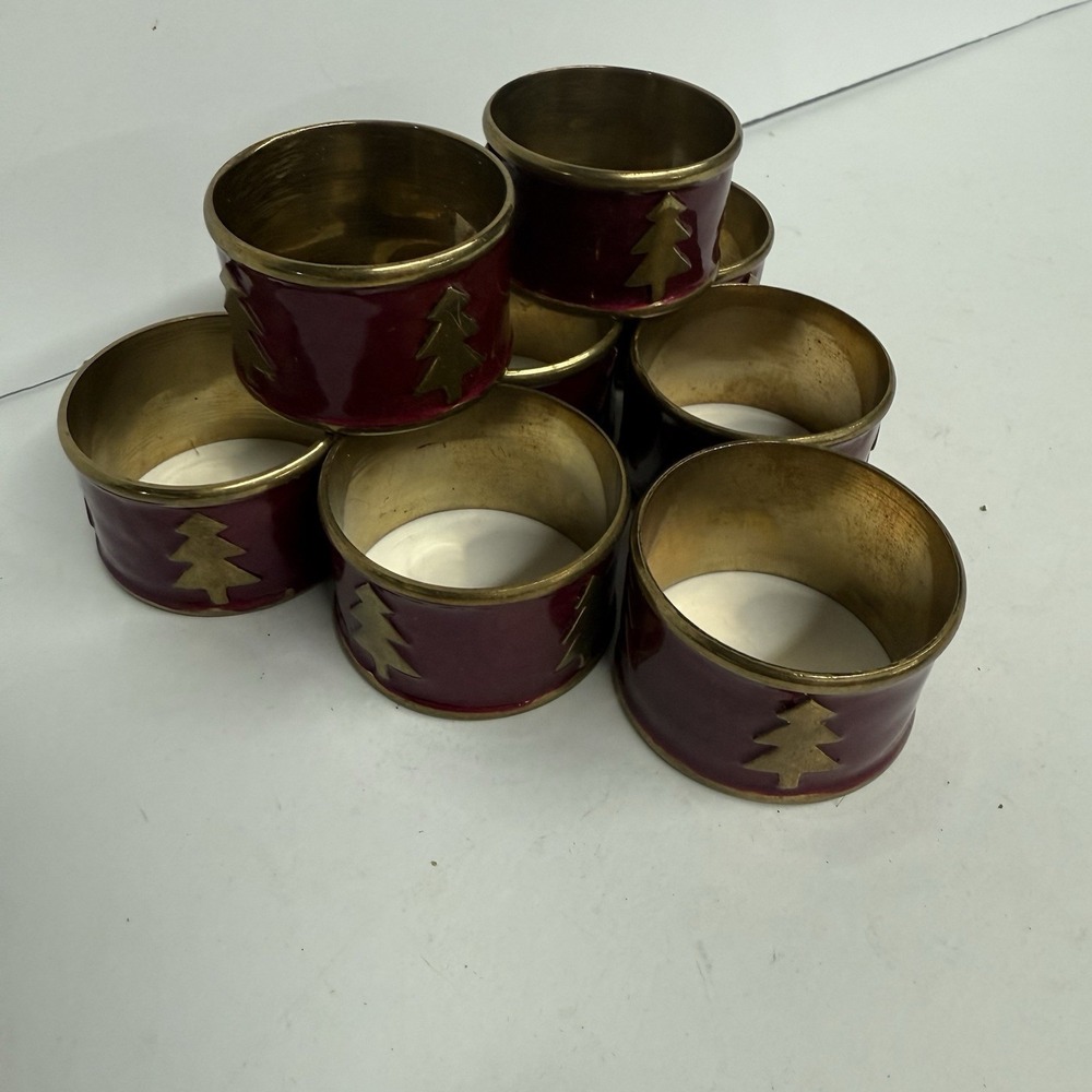 Set of 8 Brass Christmas Napkin Rings Burgundy Christmas Tree - Picture 8 of 8